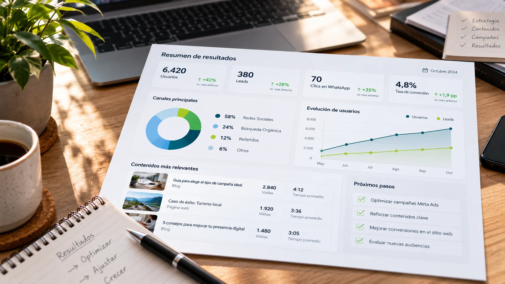 Ejemplo ilustrativo de un reporte de marketing digital con indicadores de rendimiento, canales de adquisición y acciones de optimización.